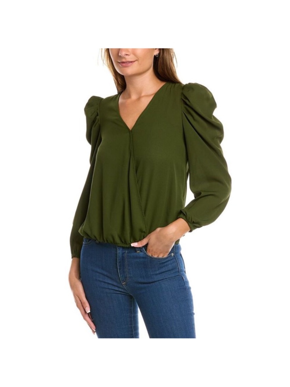 1. State Long Sleeve Puff Shoulder Green V Neck Blouse Medium